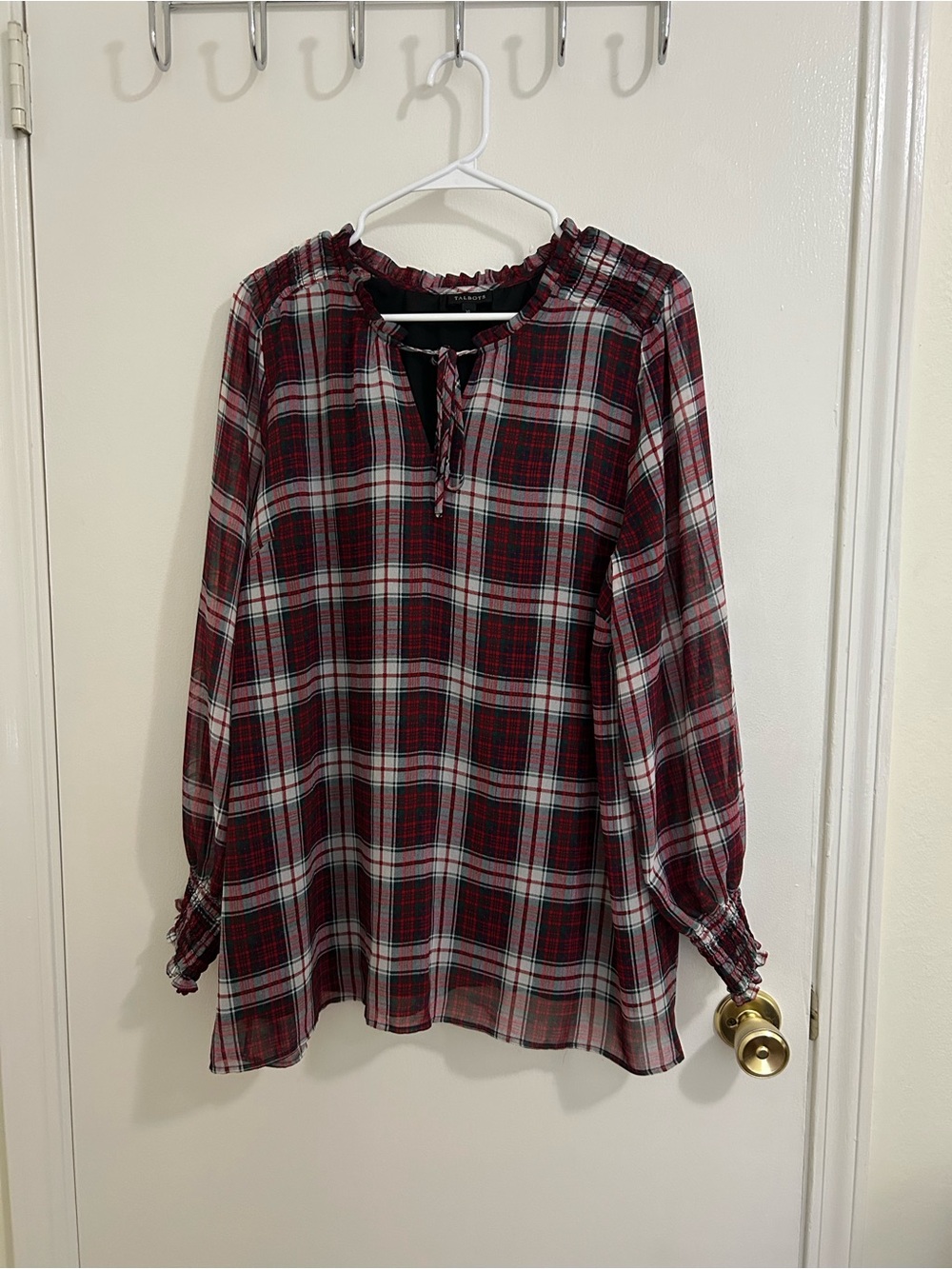 Talbots Red and White Plaid Tie-Neck Tunic Top size XL